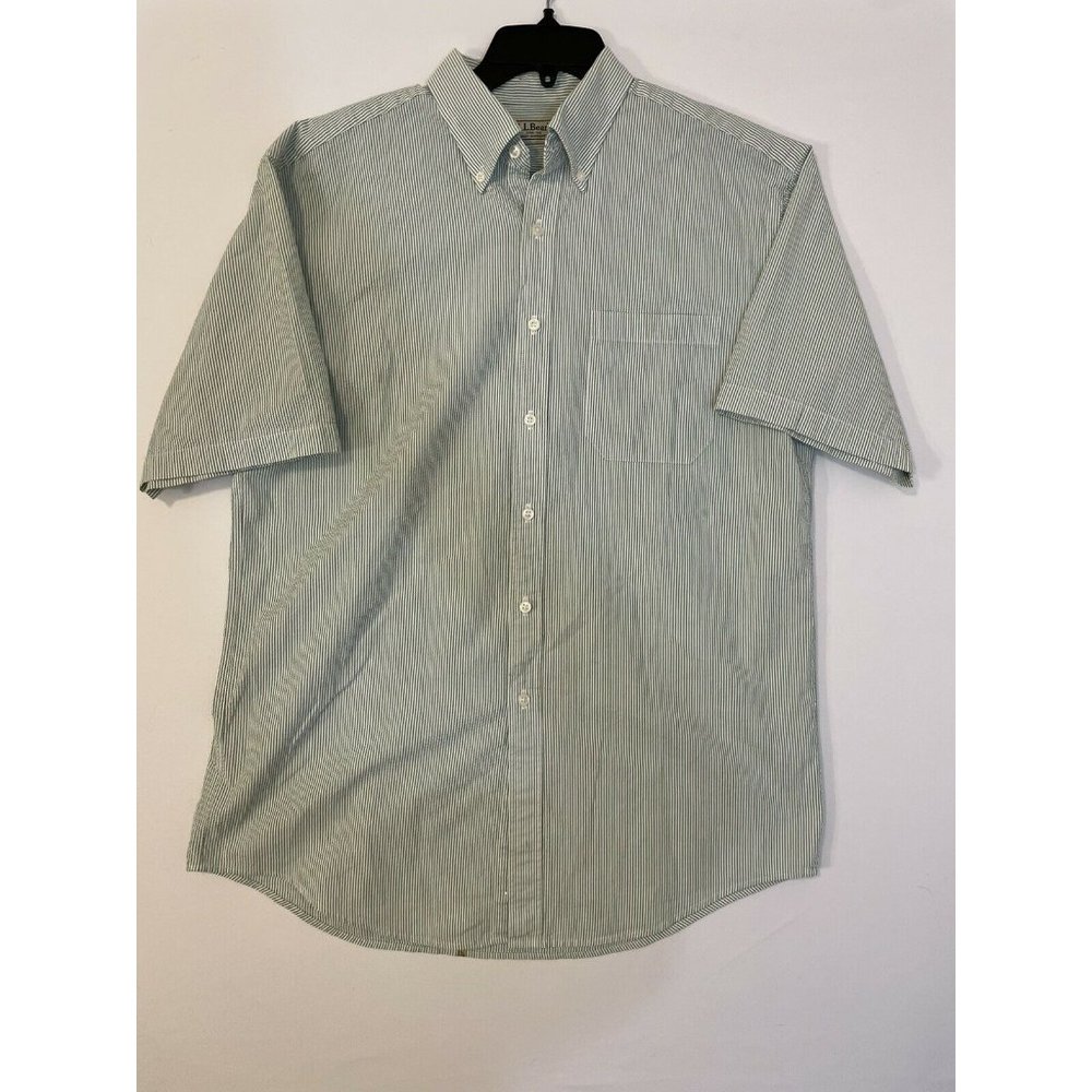 LL Bean Mens White /  Green Stripes Short Sleeve Button Up M-Reg 100$ Cotton